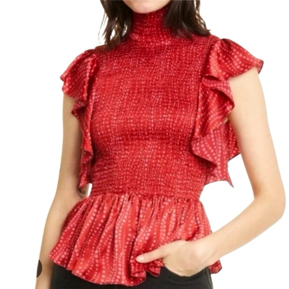 cinq a sept Red Smocked Ruffle Cap-Sleeve Blouse